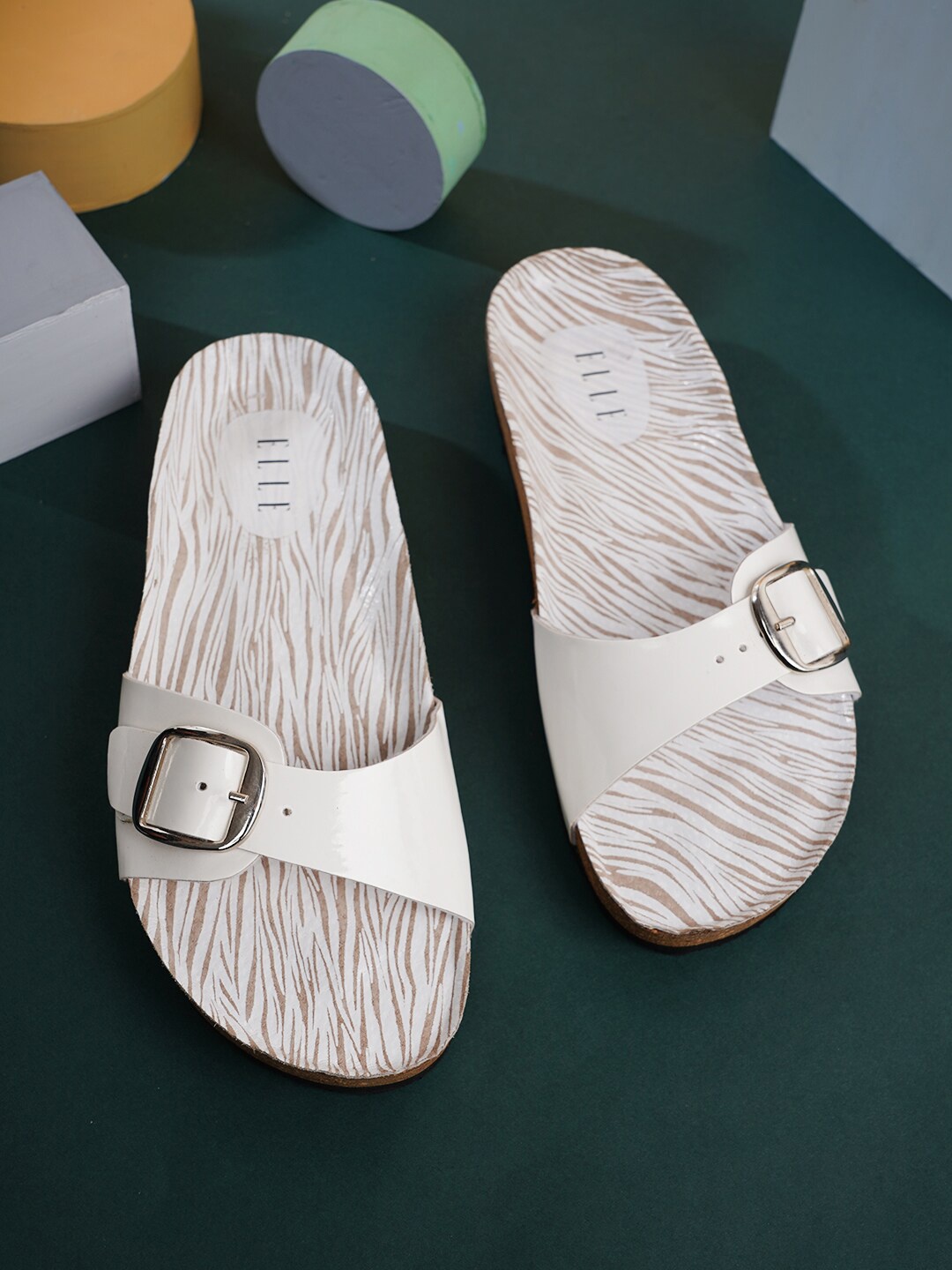 

ELLE Women Animal Printed Leather Ethnic Open Toe Flats, White