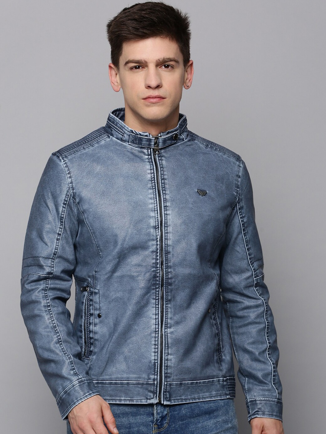 

SHOWOFF Men Mandarin Collar Leather Jacket, Blue