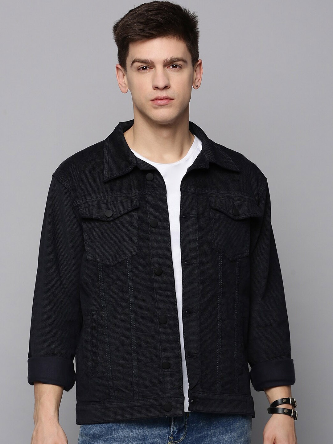 

SHOWOFF Men Spread Collar Corduroy Tailored Jacket, Navy blue