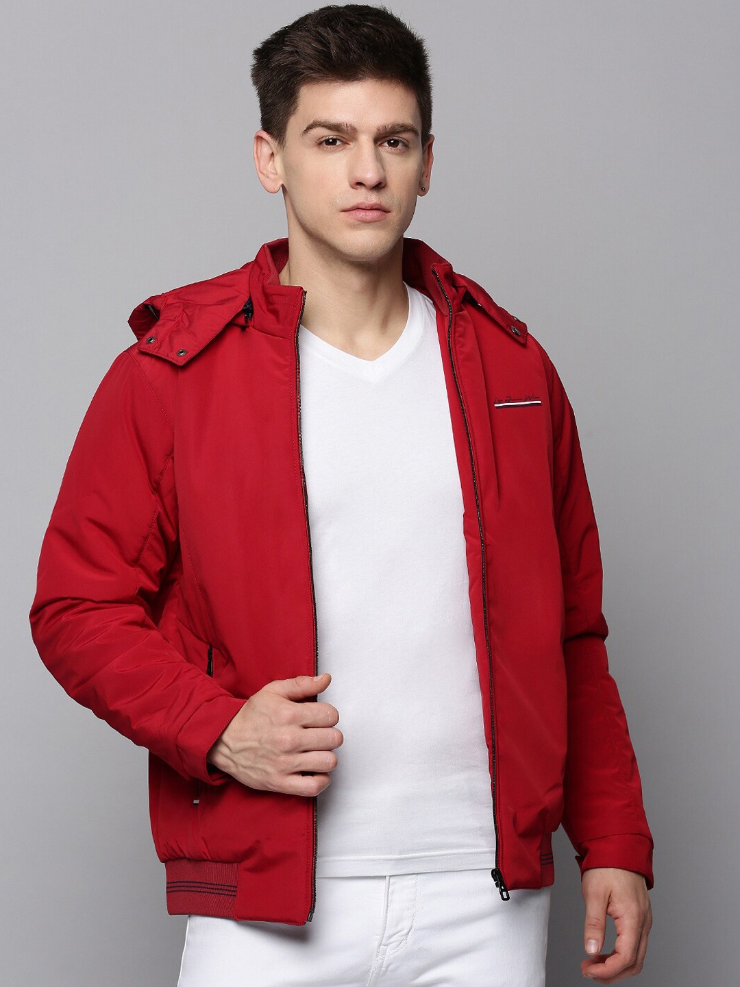 

SHOWOFF Men Hooded Water Resistant Rapid Dry Bomber Jacket, Maroon