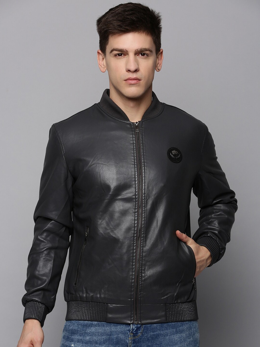 

SHOWOFF Men Mandarin Collar Leather Jacket, Black