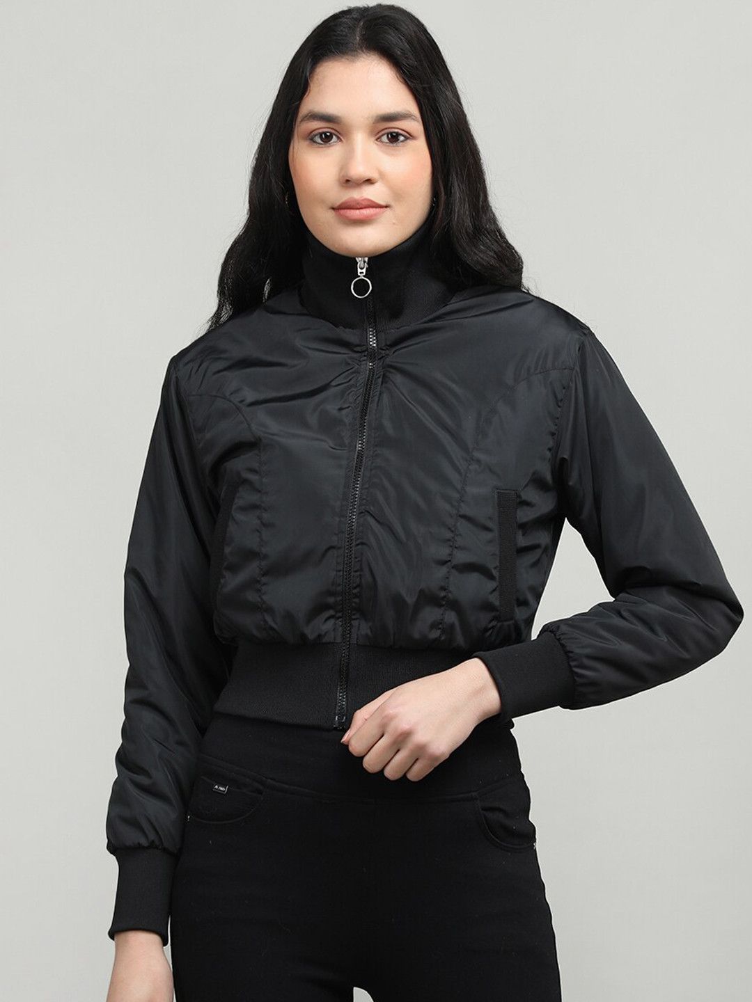 

CHKOKKO Women Lightweight Crop Bomber Jacket, Black
