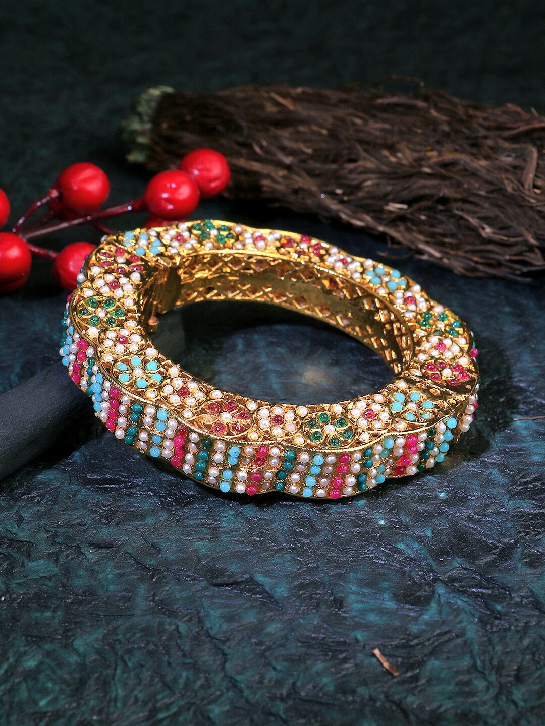 

Adwitiya Collection Gold-Plated & Beaded Bangle, Green