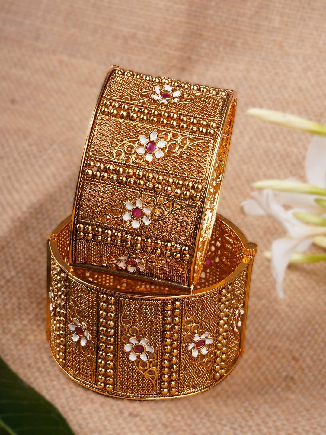 

Adwitiya Collection Set Of 2 Gold-Plated Stone-Studded Bangles, Pink