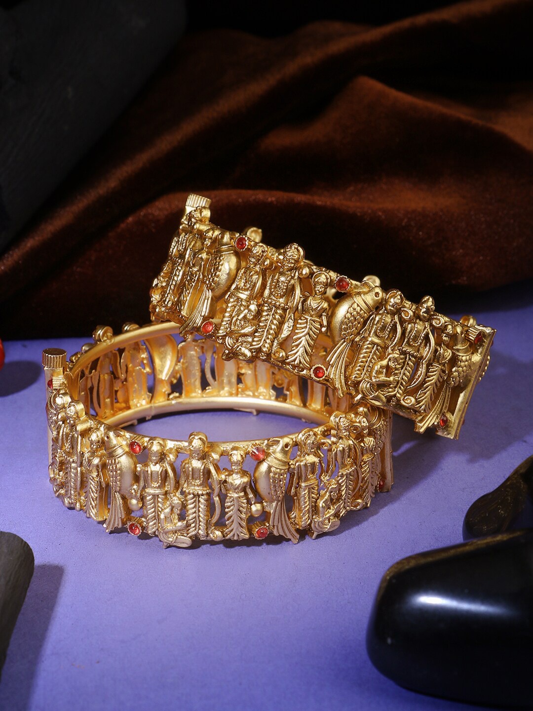 

Adwitiya Collection Set of 2 Gold-Plated Stone-Studded Kada Bangle, Red