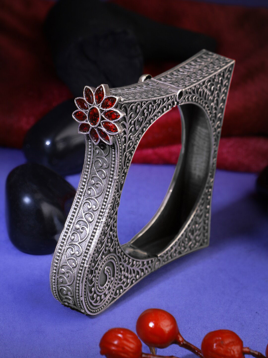 

Adwitiya Collection Oxidised Silver-Plated Stone Studded Square Bangle