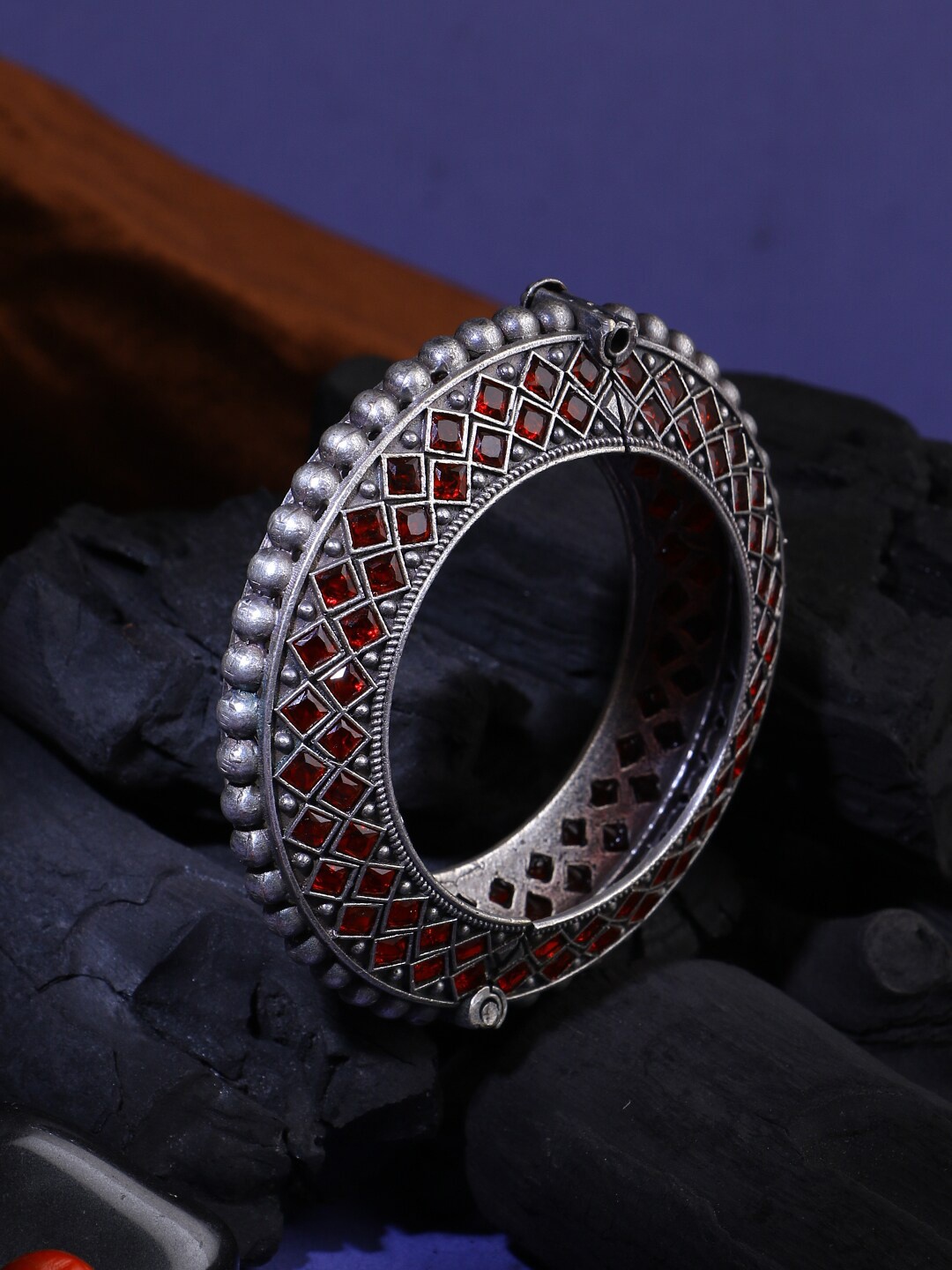 

Adwitiya Collection Oxidised Silver-Plated Stone-Studded Bangle, Red