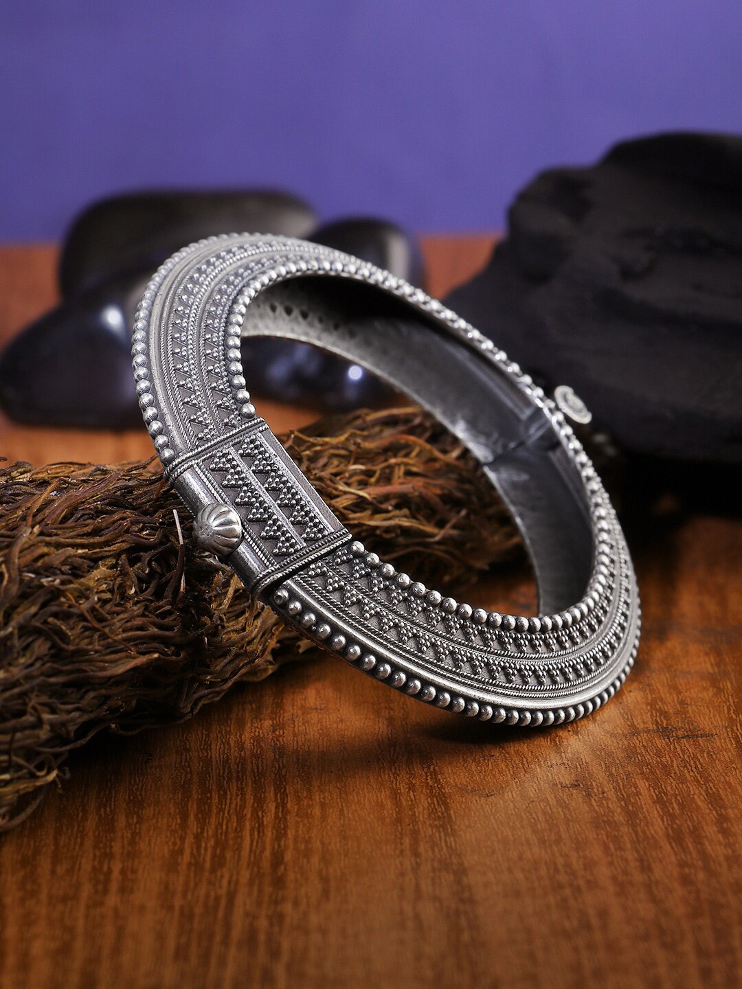 

Adwitiya Collection Silver-Plated Beaded Oxidised Kada Bangle