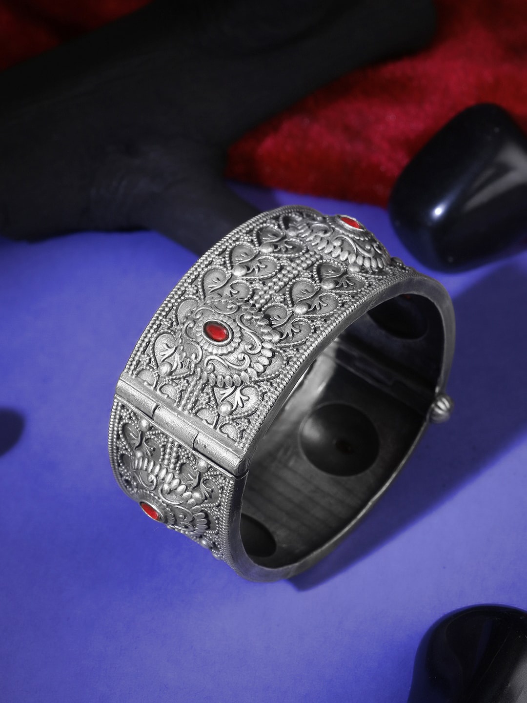 

Adwitiya Collection Silver-Plated & Stone-Studded Oxidised Bangle, Red