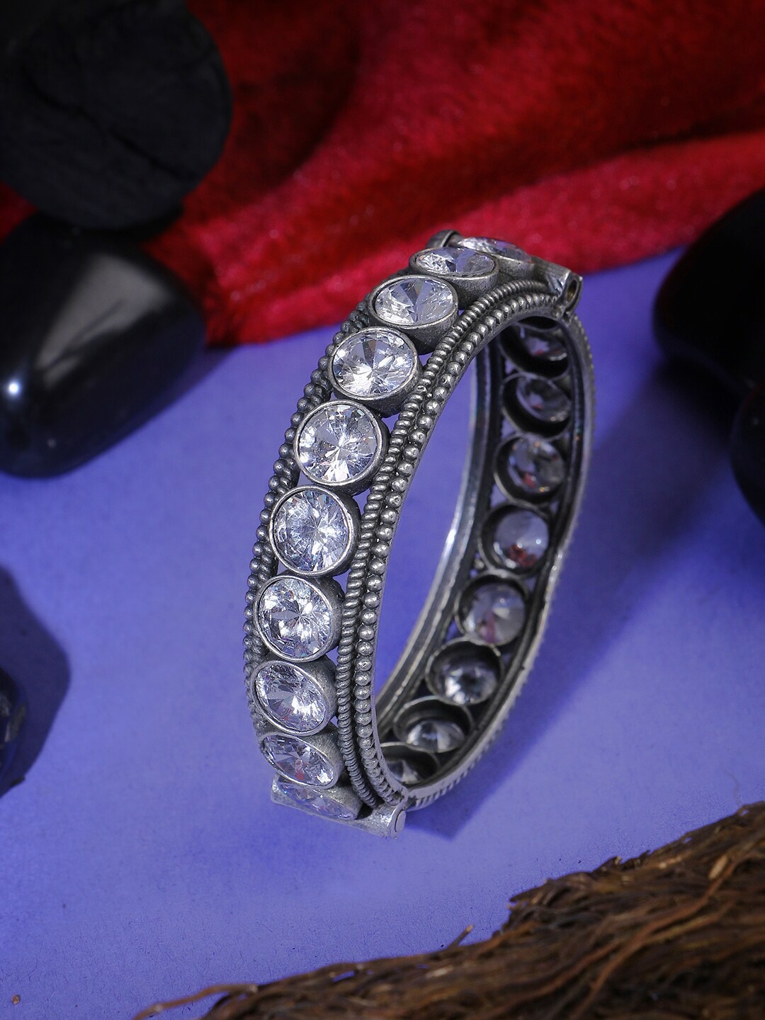 

Adwitiya Collection Oxidised Silver-Plated Stone Studded Bangle