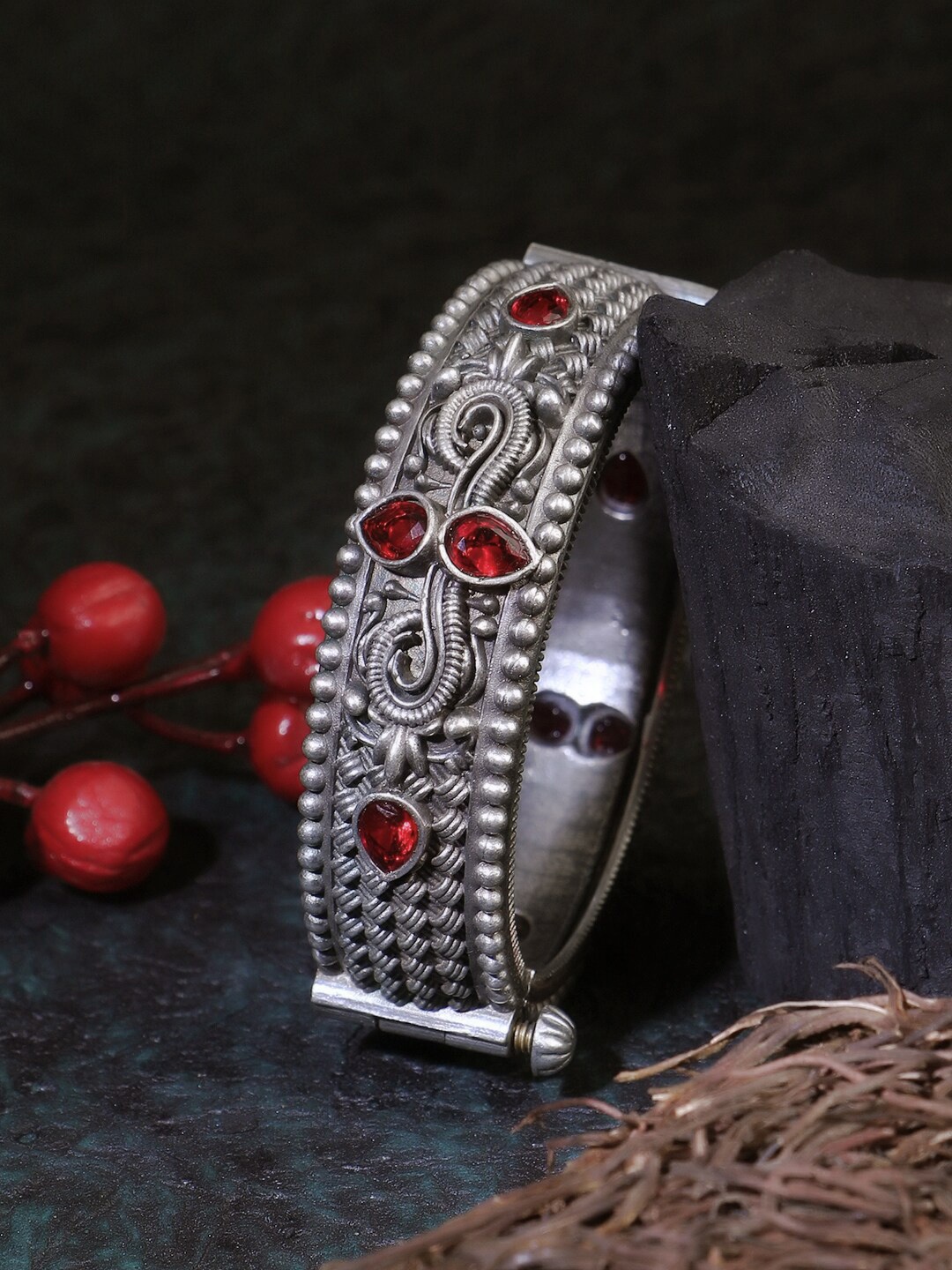 

Adwitiya Collection Oxidised Silver-Plated & Stone-Studded Kada Bangle, Red