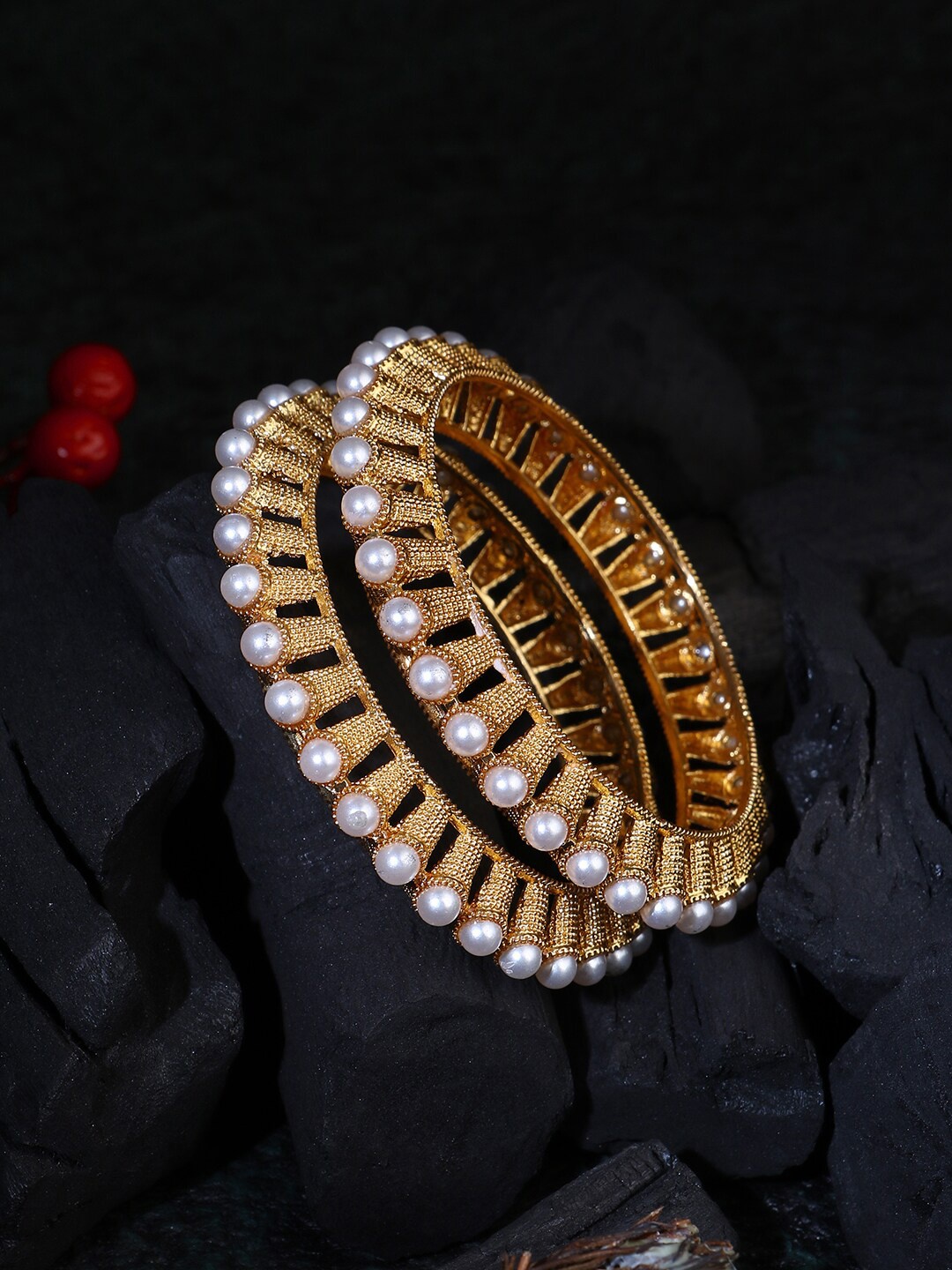 

Adwitiya Collection Set Of 2 Gold-Plated Pearl-Studded Bangles, White