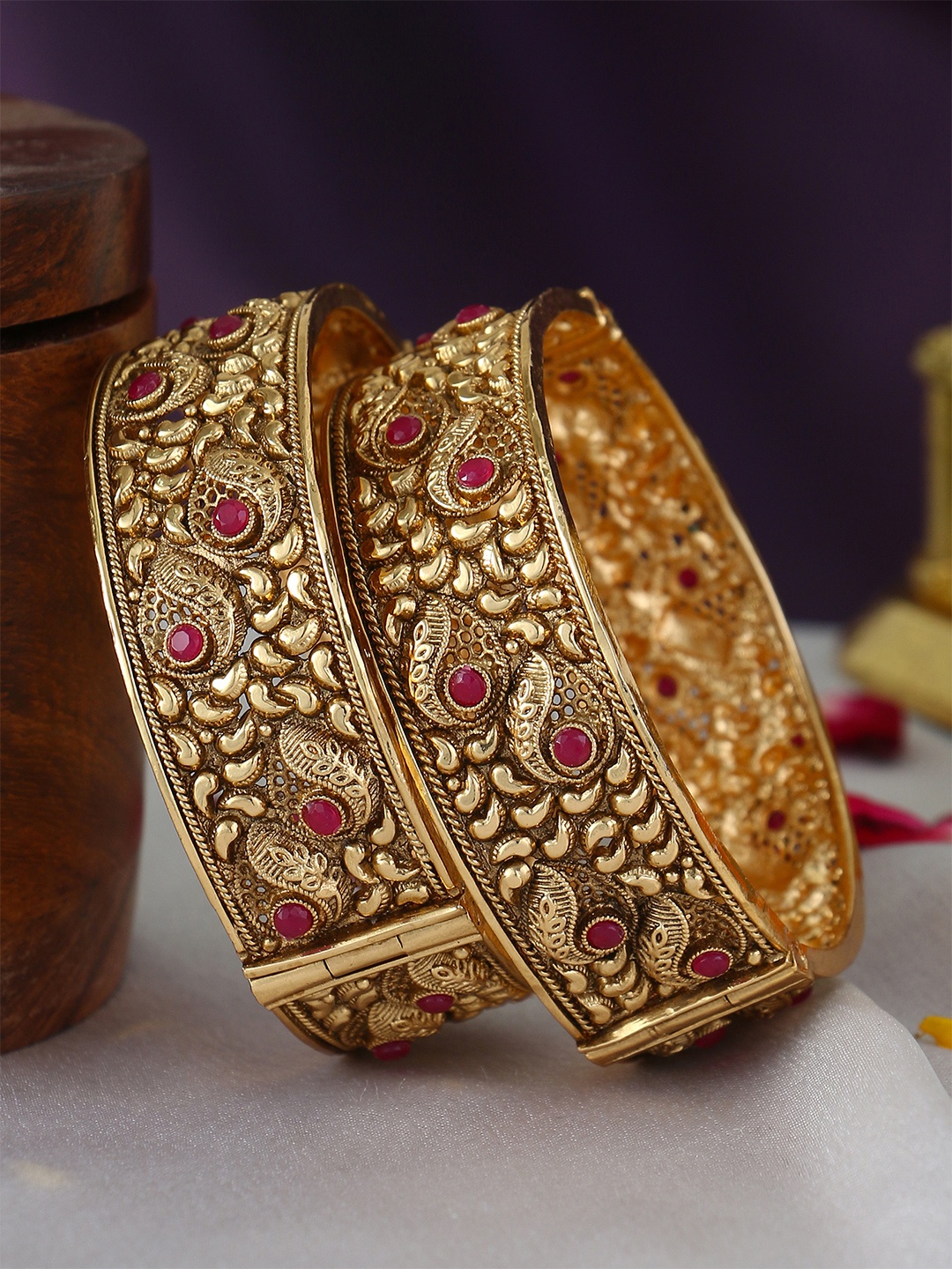 

Adwitiya Collection Set Of 2 Gold-Plated Stone-Studded Temple Bangles, Pink