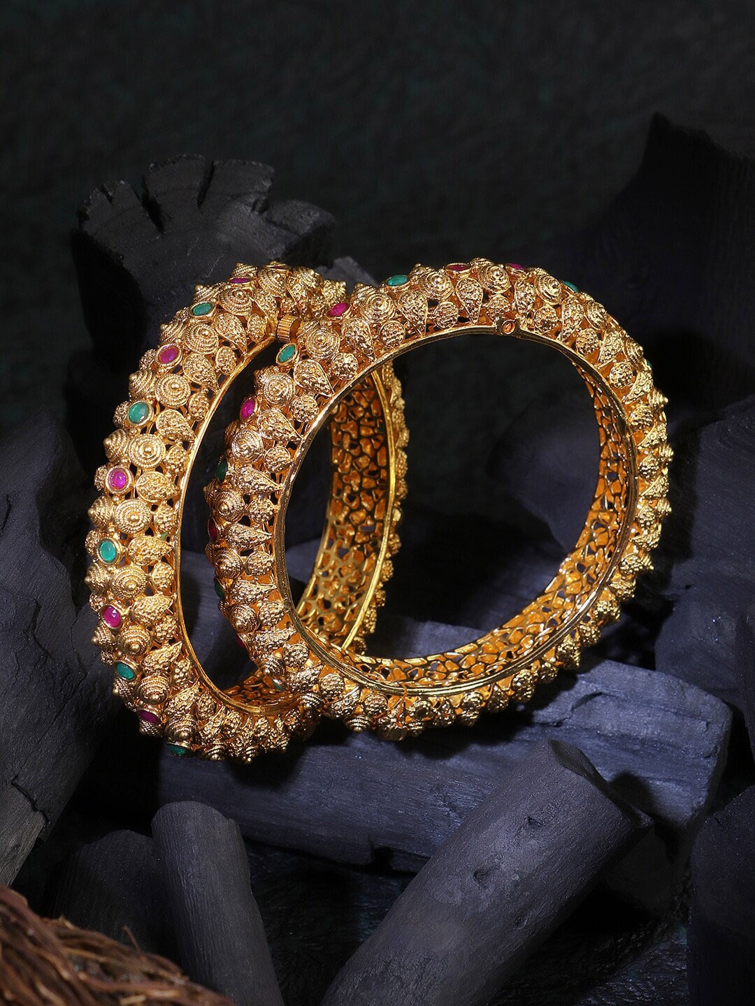 

Adwitiya Collection Set Of 2 Gold-Plated Artificial Stone-Studded Bangles, Green