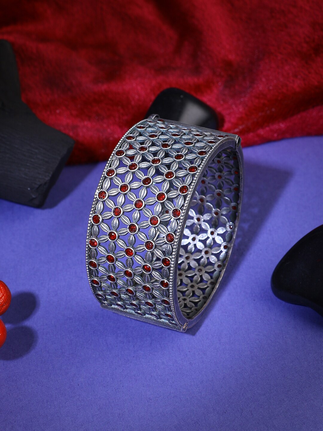 

Adwitiya Collection Silver-Plated Oxidized Stone-Studded Bangle, Red