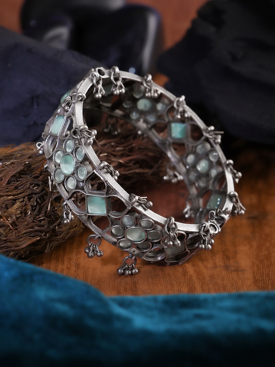 

Adwitiya Collection Silver-Plated Oxidised Stone-Studded Bangle, Sea green