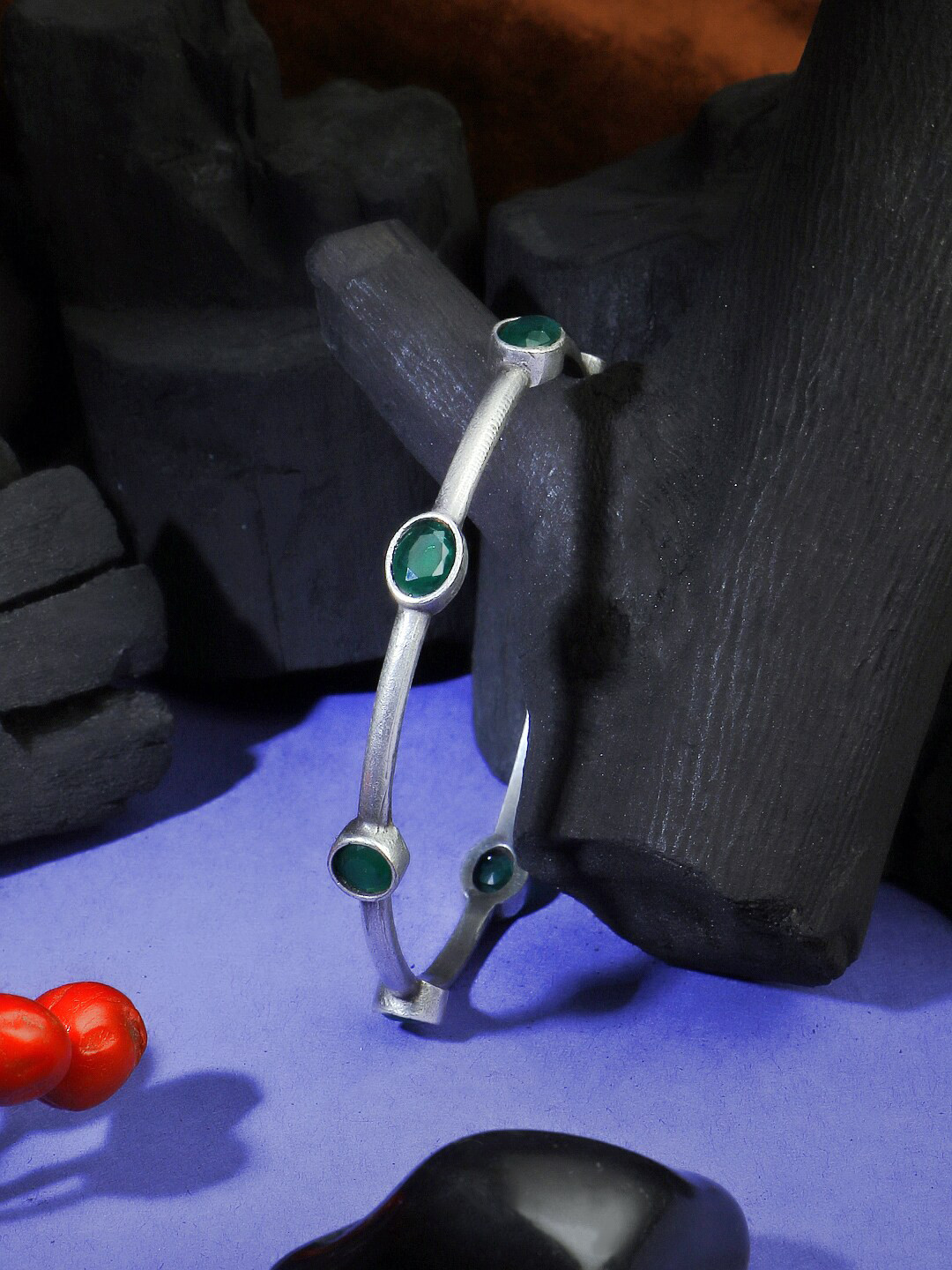 

Adwitiya Collection Oxidised Silver Plated Stone-Studded Bangle, Green