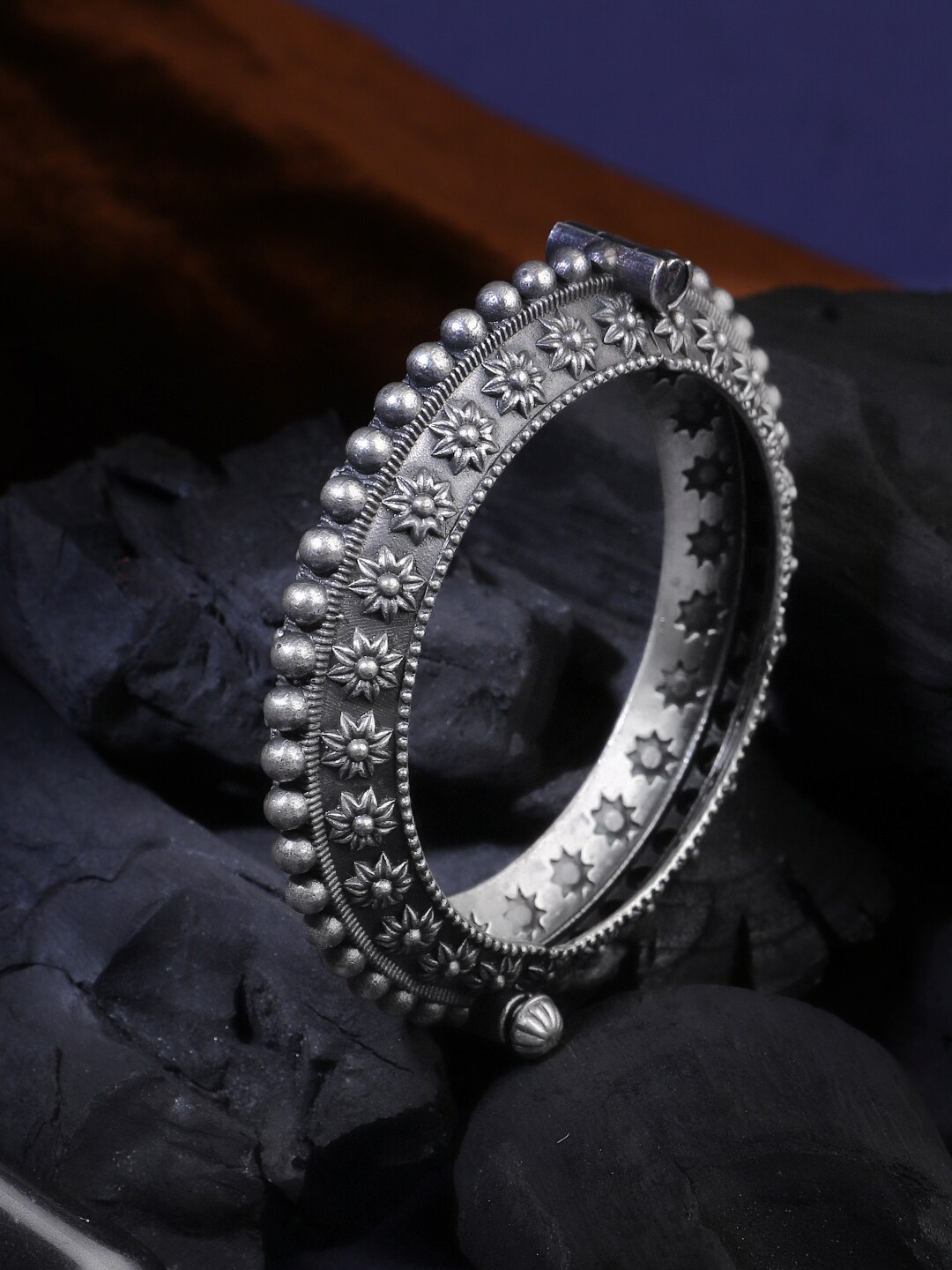 

Adwitiya Collection Silver-Plated Beaded-Studded Oxidised Kada Bangle