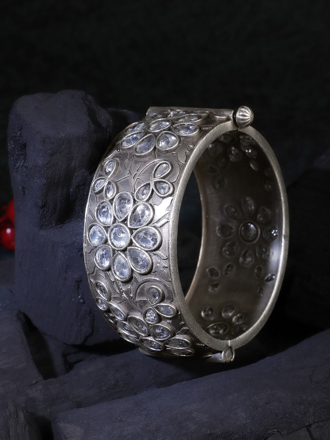 

Adwitiya Collection Silver Plated Oxidised Stone-Studded Bangle, White