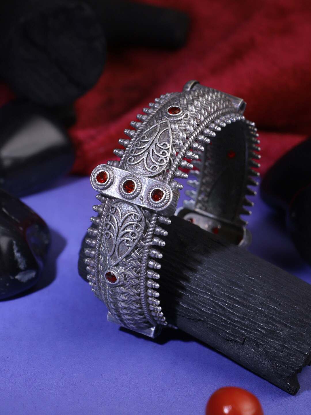 

Adwitiya Collection Oxidised Silver-Plated Stone Studded Temple Bangle, Red