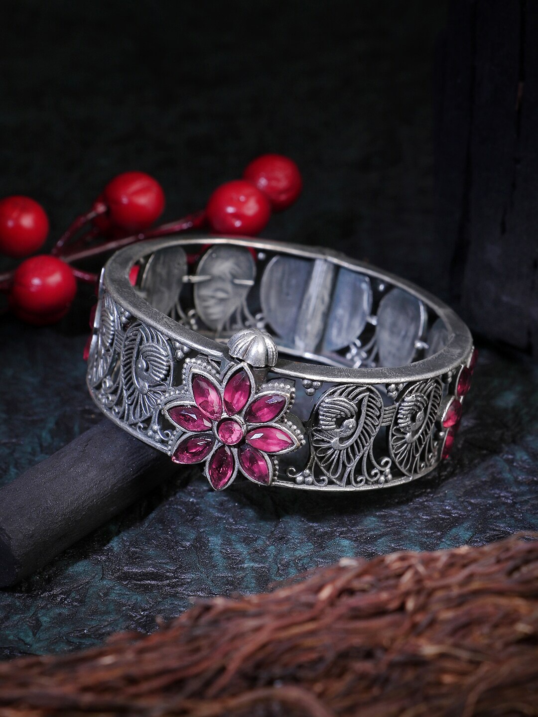 

Adwitiya Collection Silver Plated Oxidised Stone-Studded Bangle, Pink