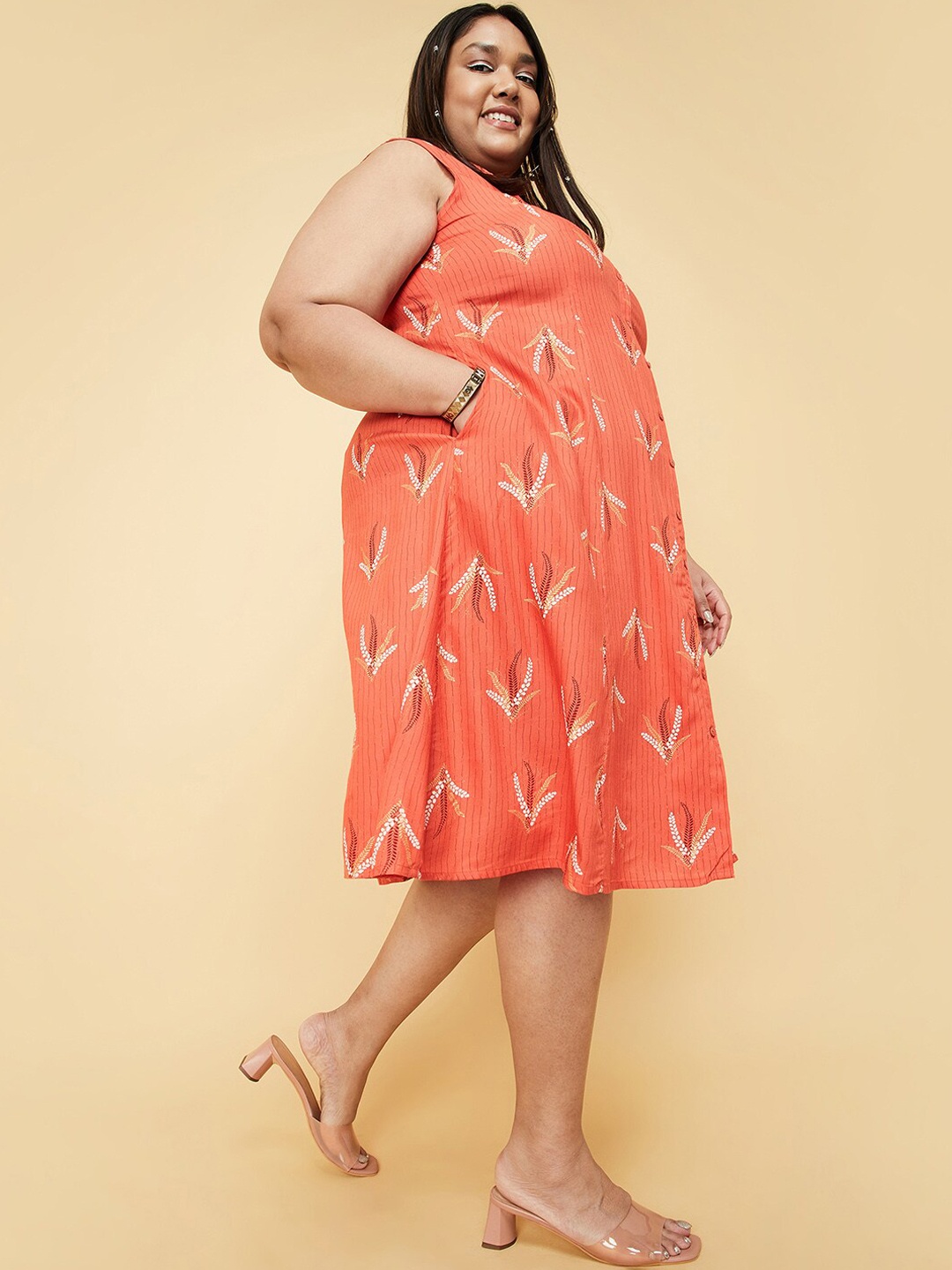 

max Plus Size Floral Printed Shirt Dress, Peach