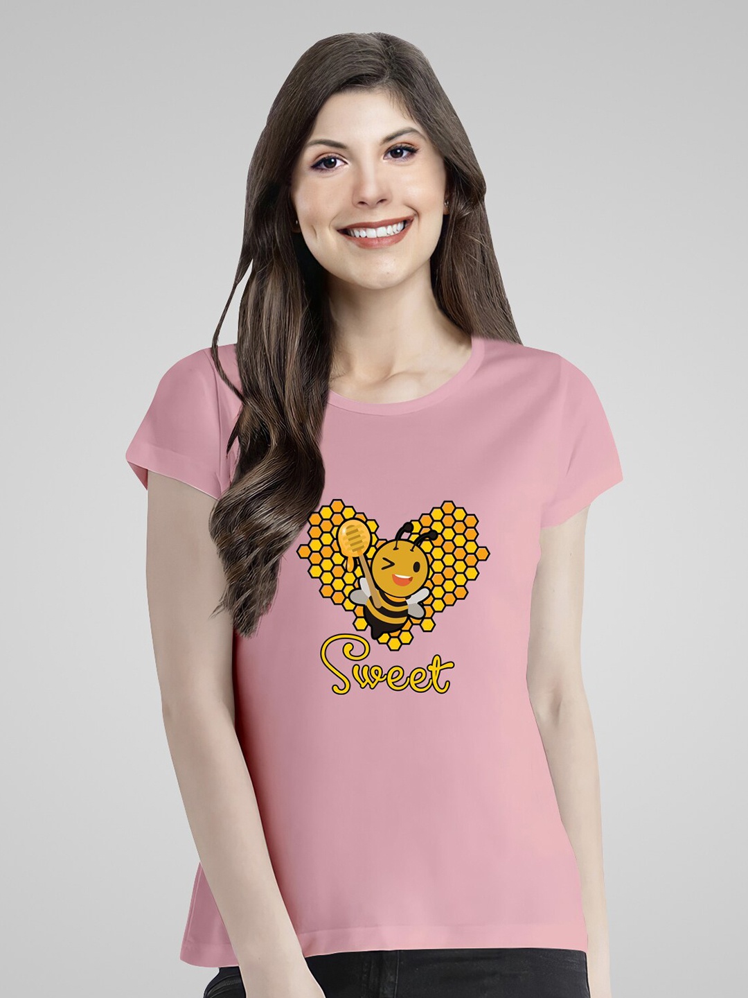 

Pootlu Women Printed Pure Cotton T-shirt, Pink