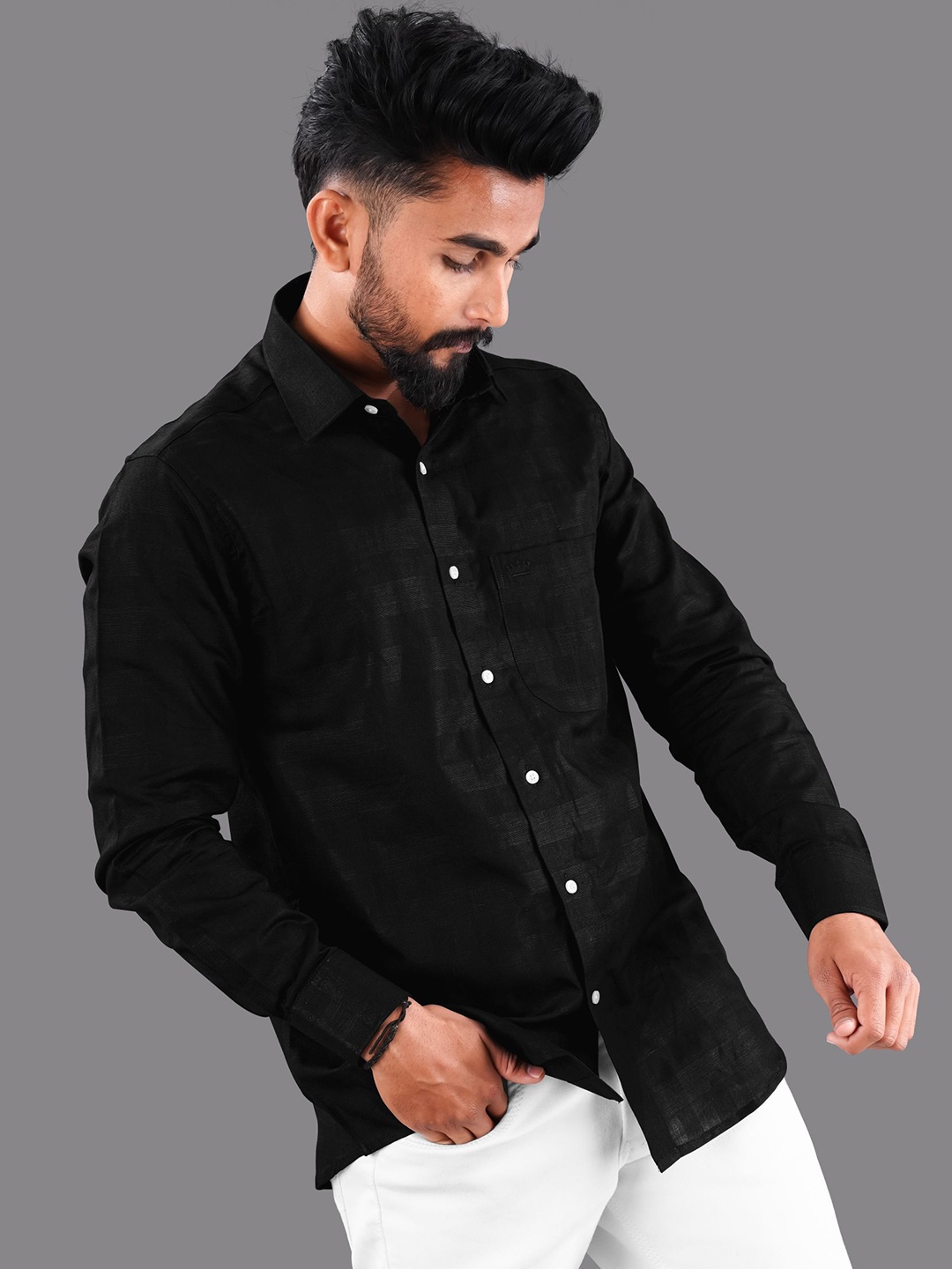 

FRENCH CROWN Men Standard Horizontal Striped Cotton Linen Casual Shirt, Black