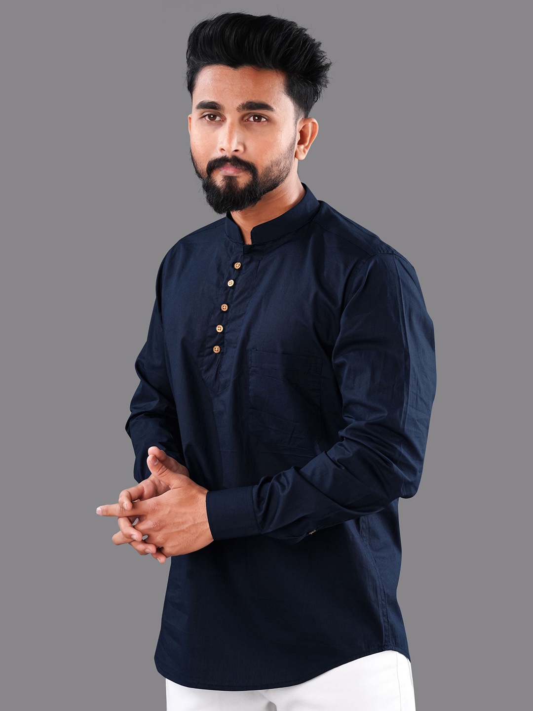 

FRENCH CROWN Men Mandarin Collar Casual Shirt, Blue