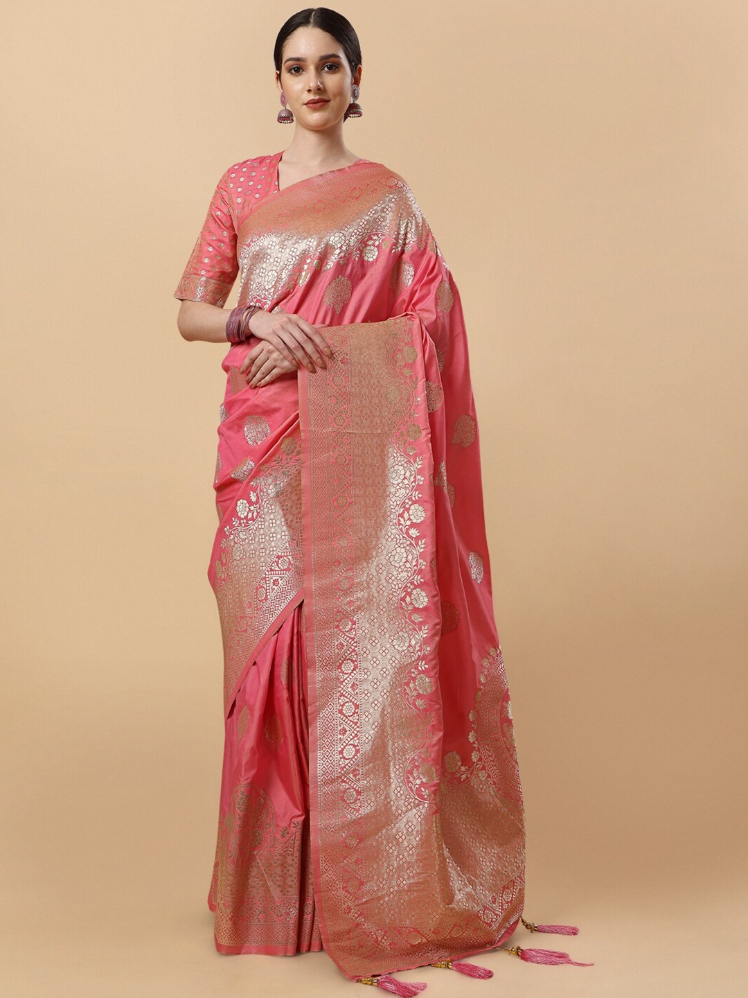 

Inddus Ethnic Motifs Zari Silk Blend Saree, Pink