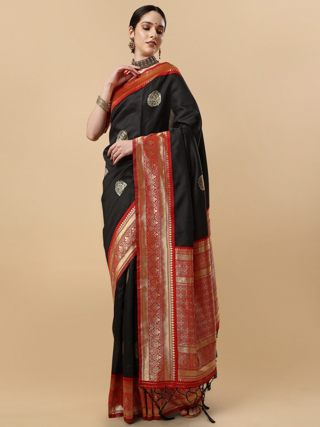 

Inddus Woven Design Zari Saree, Black