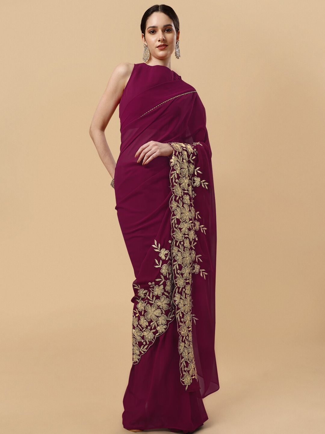 

Inddus Floral Embroidered Gotta Patti Detail Saree, Maroon
