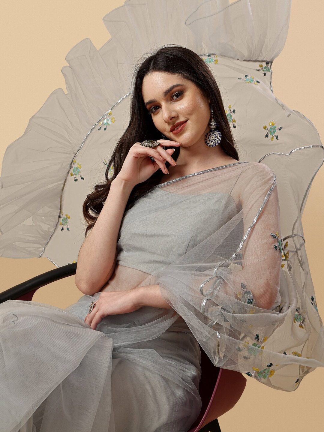 

Sangria Floral Embroidered Net Saree, Grey