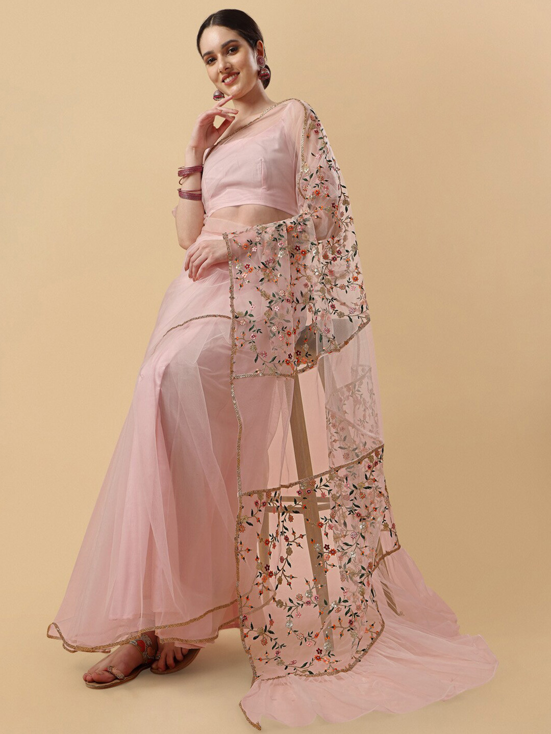 

Sangria Floral Embroidered Net Saree, Pink