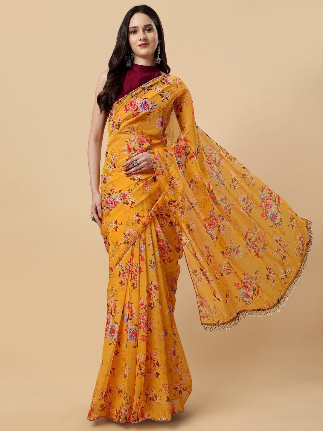

Sangria Floral Organza Saree, Yellow