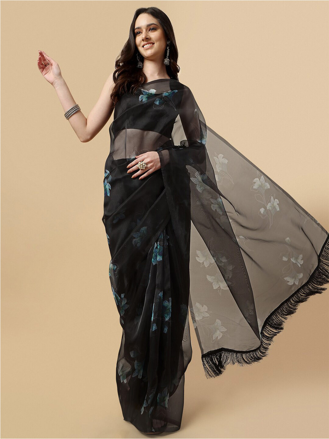 

Sangria Floral Organza Saree, Black