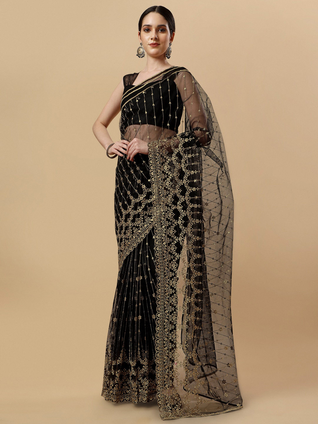 

Sangria Floral Zari Heavy Work Net Saree, Black
