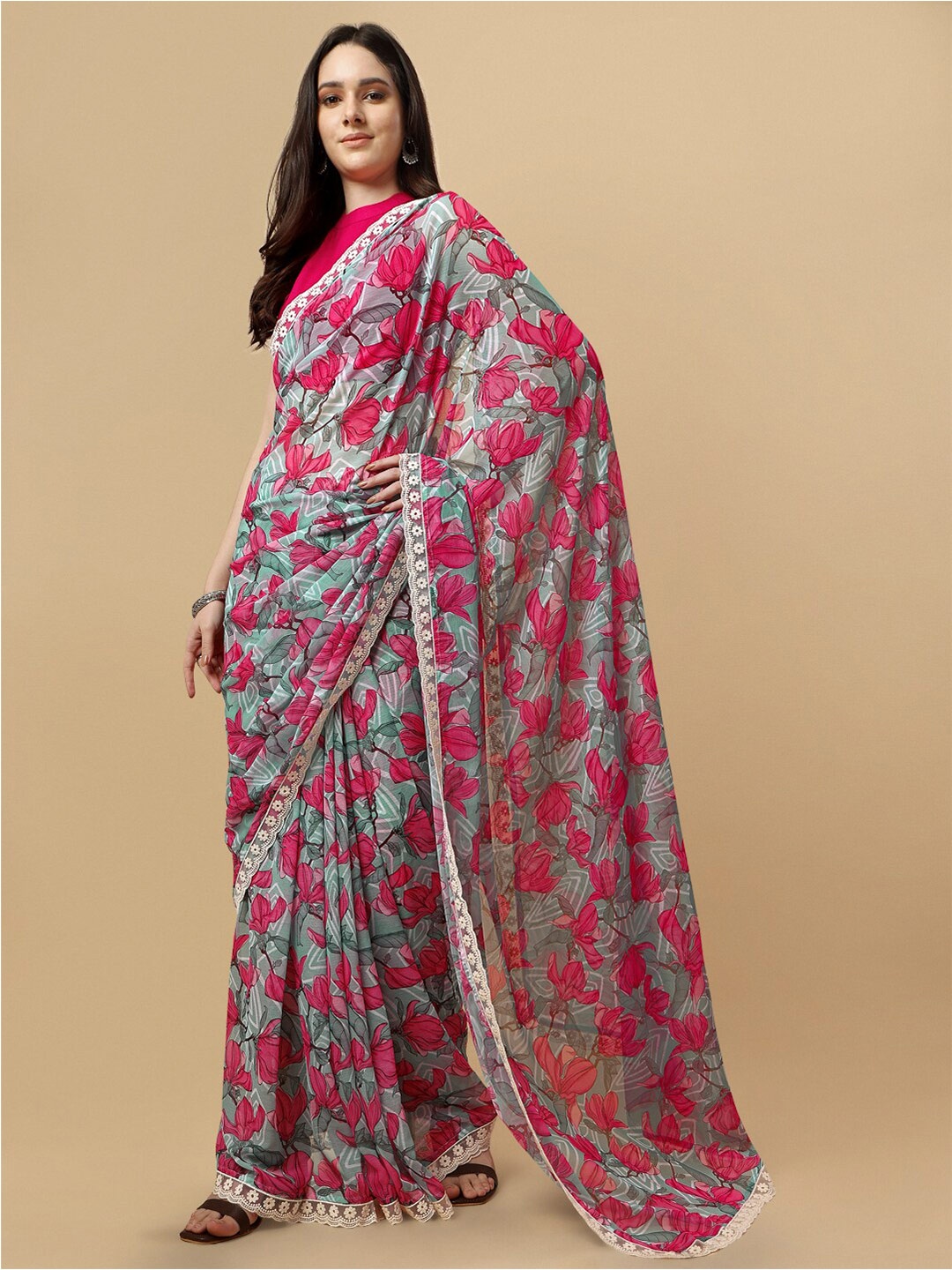 

Sangria Embroidered Floral Saree, Pink
