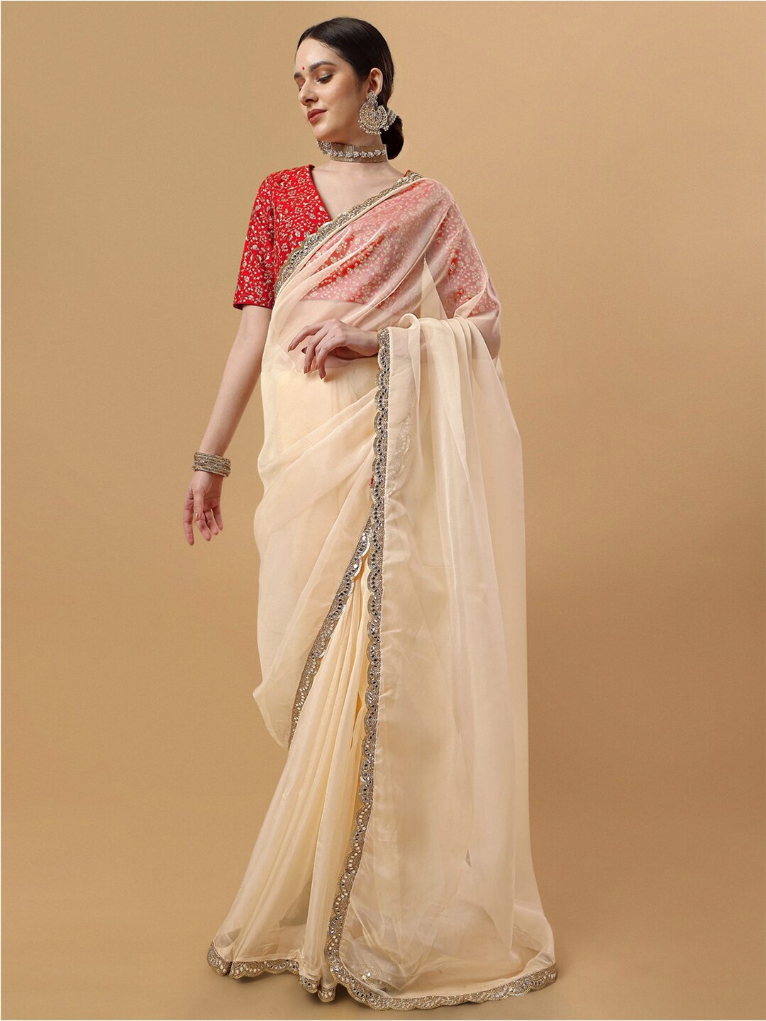

Sangria Embroidered Organza Saree, Cream