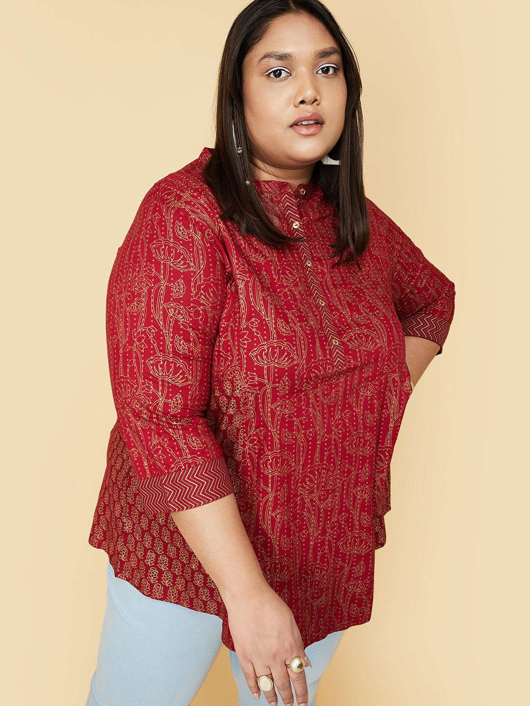 

max Plus Size Ethnic Motifs Printed Mandarin Collar Tunic, Red