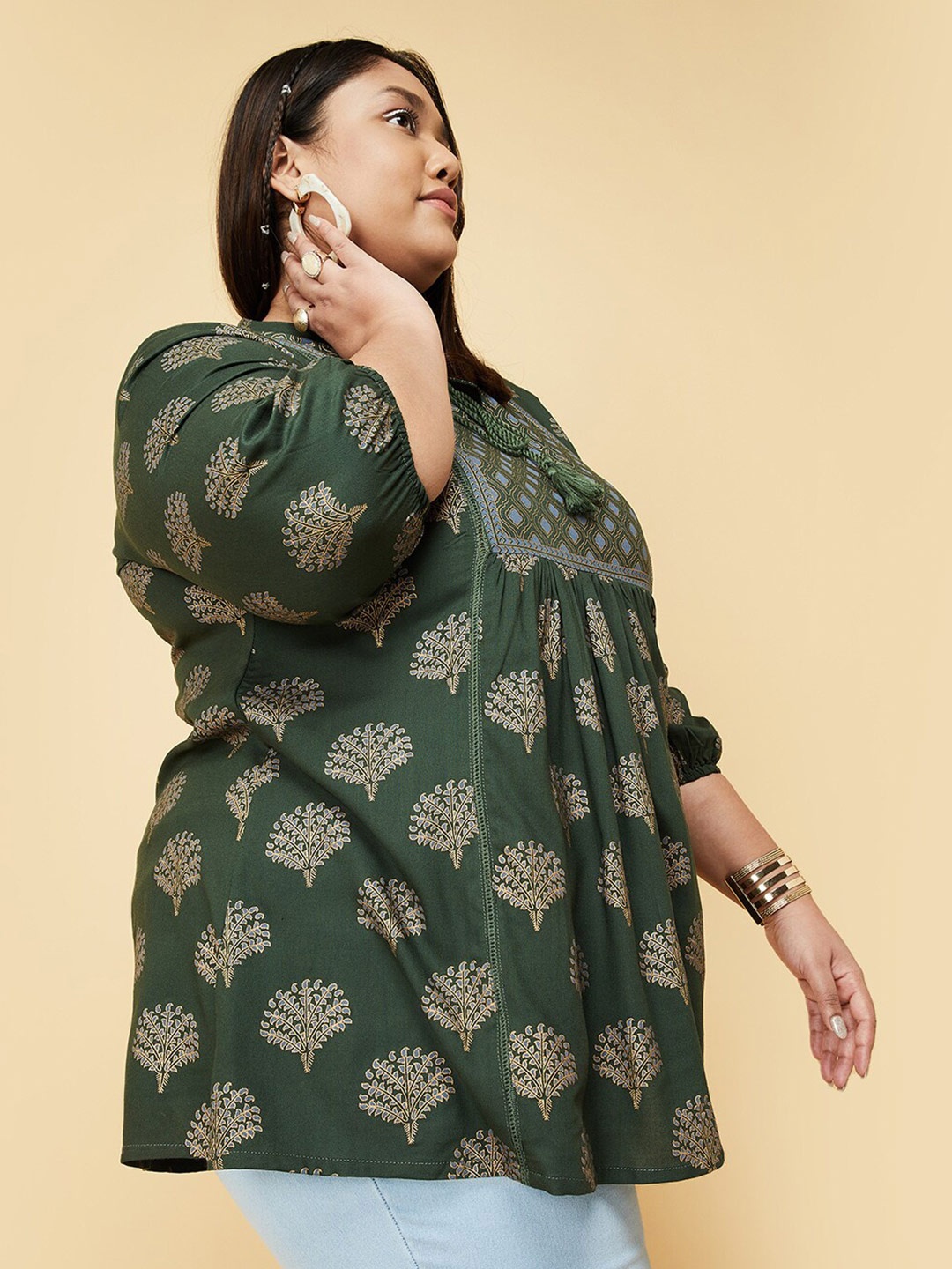 

max Plus Size Floral Printed Mandarin Collar Tunic, Green