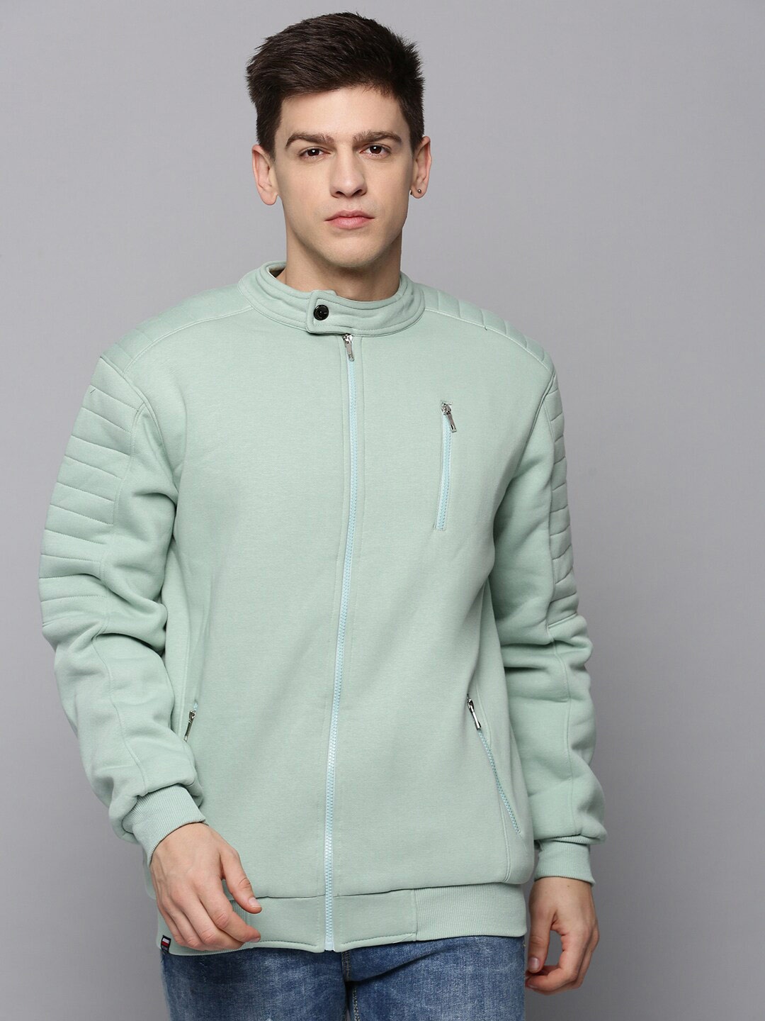 

SHOWOFF Men Mandarin Collar Cotton Sweatshirt, Sea green