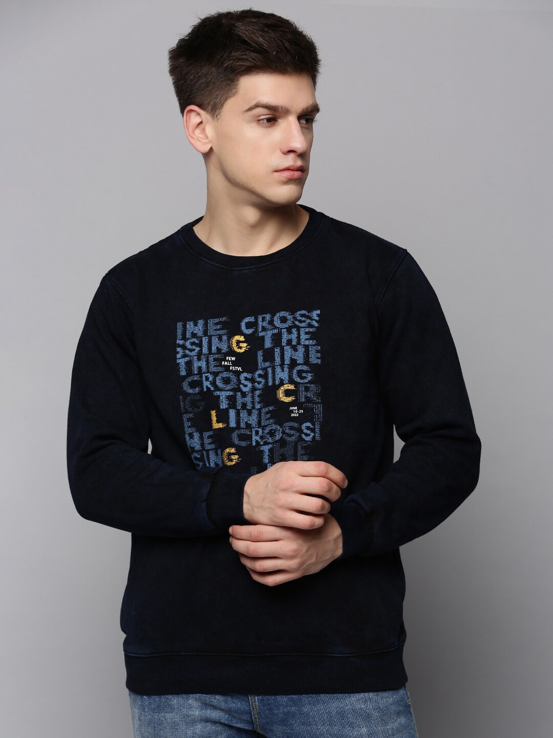 

SHOWOFF Men Typography Printed Cotton Pullover Sweatshirt, Navy blue