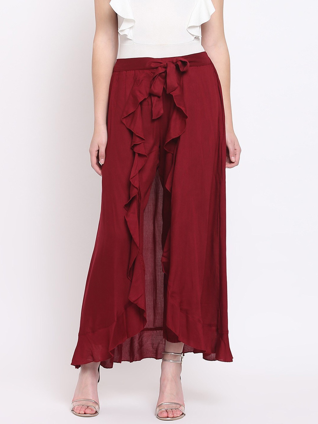 

RIVI Women Flared Ruffle Palazzos, Maroon