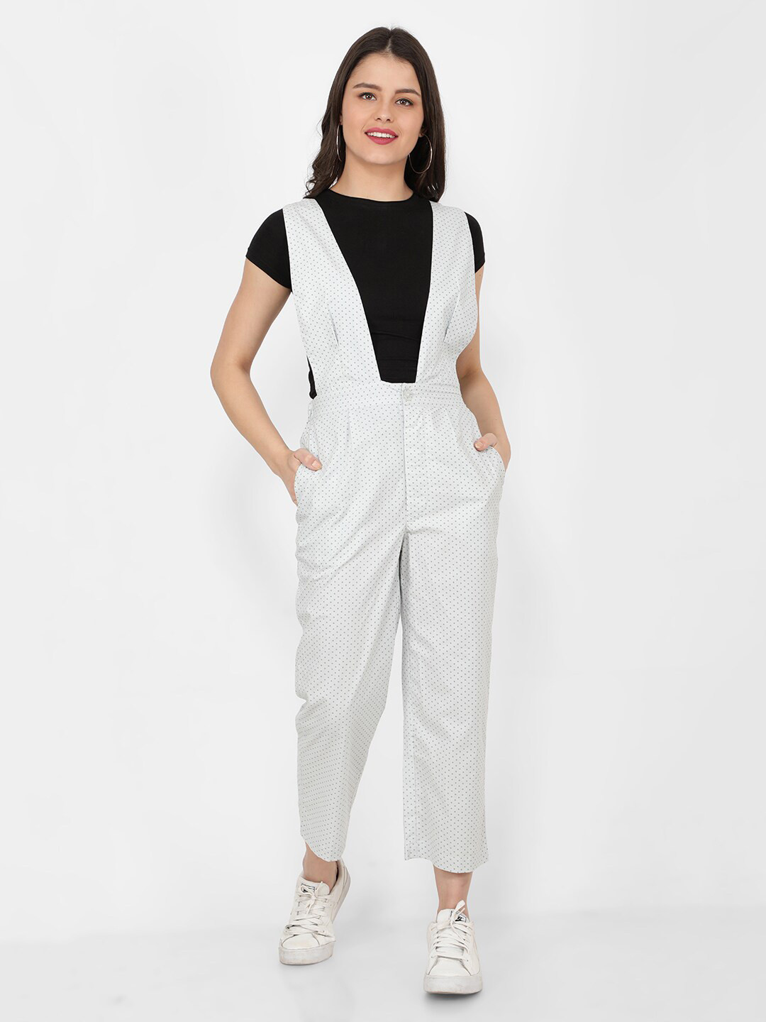 

NAVIYATA Polka Dot Printed Cotton Basic Jumpsuit, White