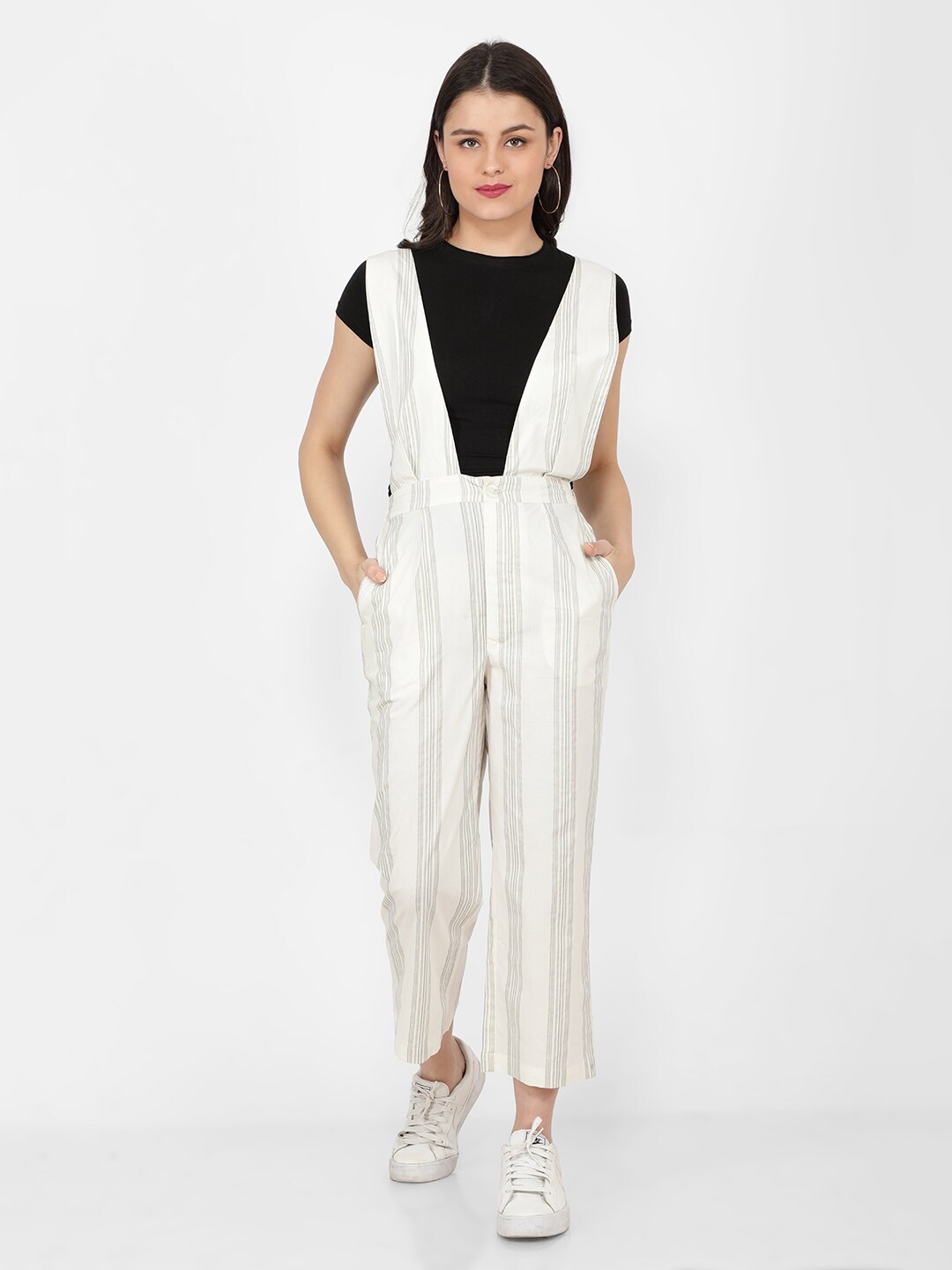 

NAVIYATA Striped Printed Cotton Basic Jumpsuit, White