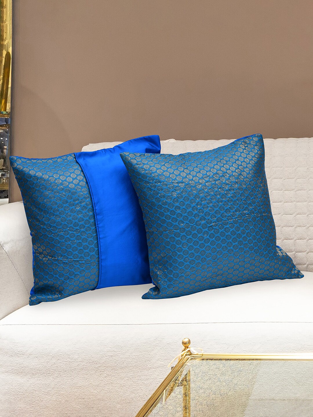 

Athome by Nilkamal Blue & Gold Toned Set of 2 Poly Brocade Square Cushion Covers