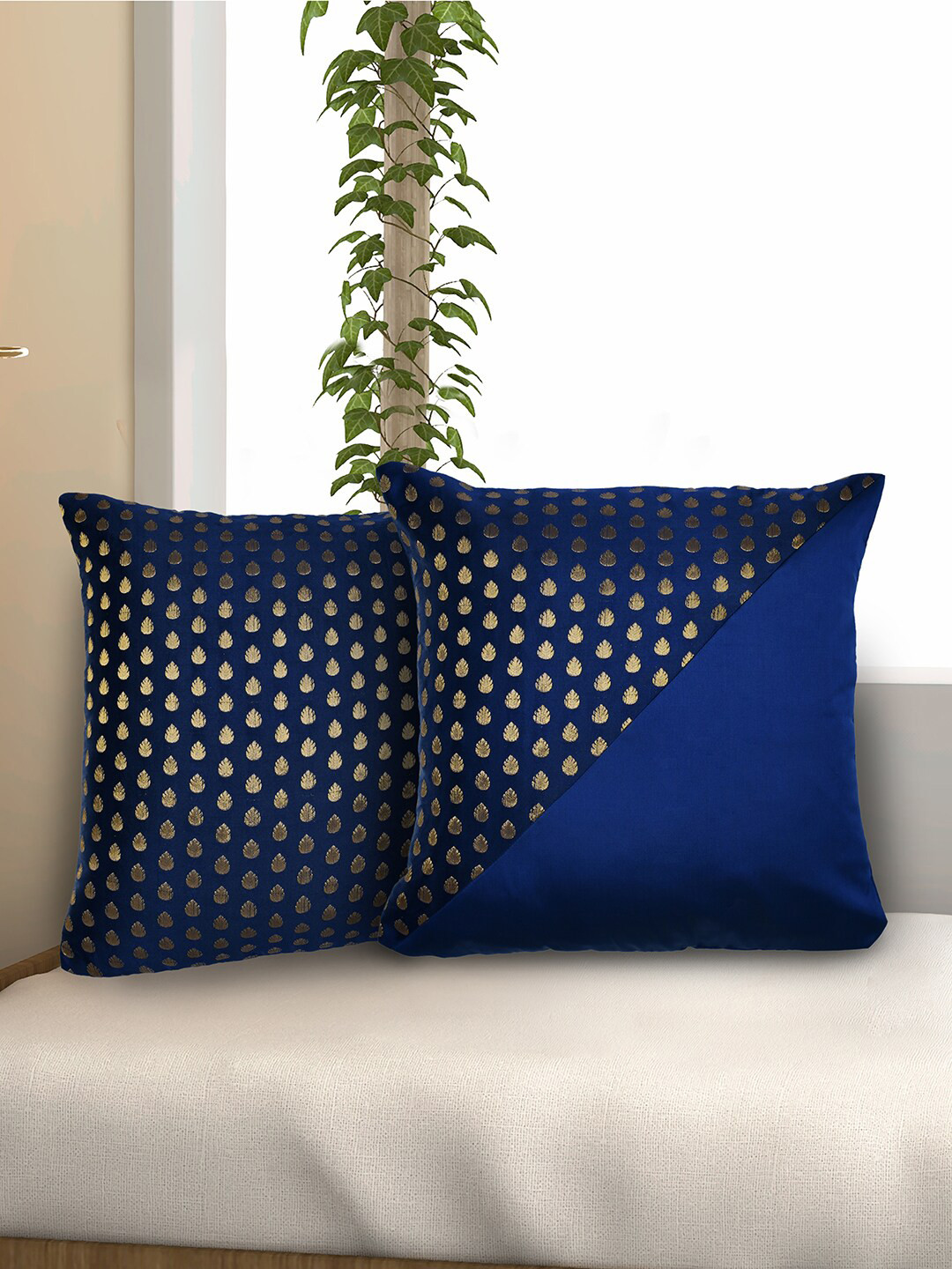 

Athome by Nilkamal Navy Blue & Gold-Toned Set of 2 Poly Brocade Square Cushion Covers