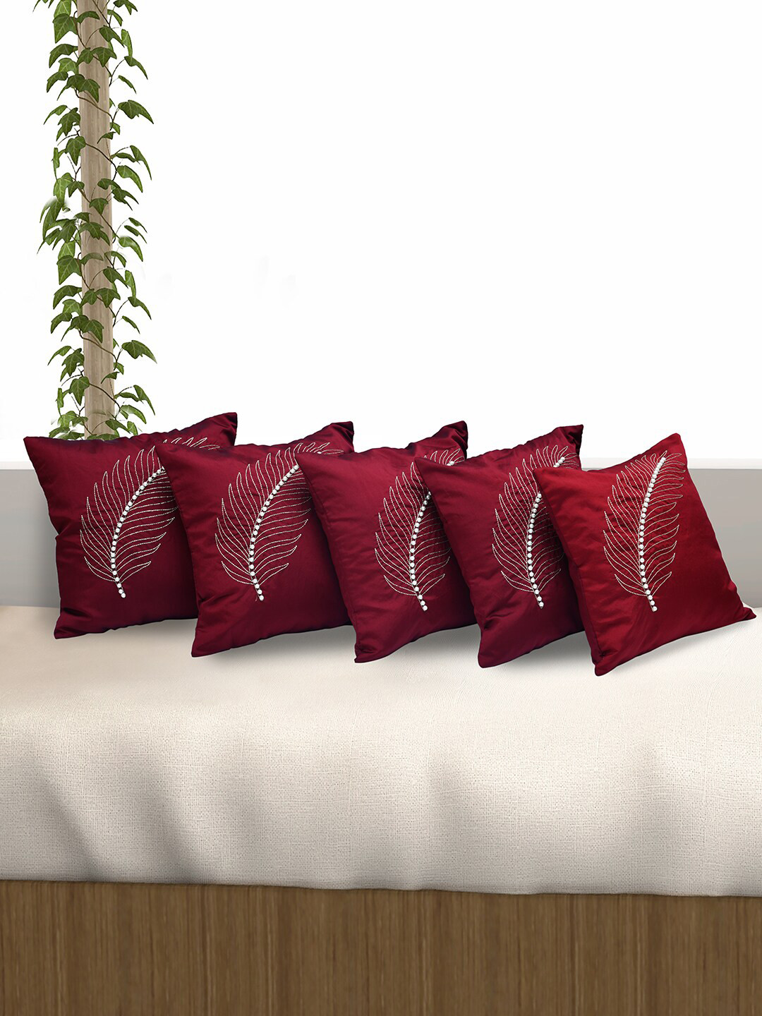 

Athome by Nilkamal Maroon Set of 5 Floral Poly Velvet Square Cushion Covers