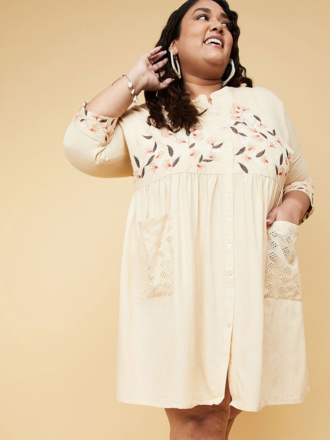 

max Plus Size Floral Embroidered Shirt Dress, Off white